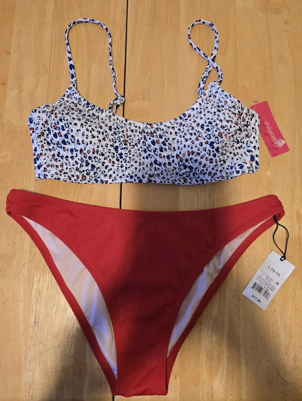 NWT Bikini Set Large Red Ribbed Bottoms Smocked Print Top